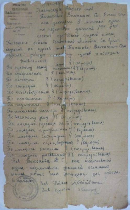 Документ. Удостоверение Тихоновой В.С. № 11 от 01.08.1945 года