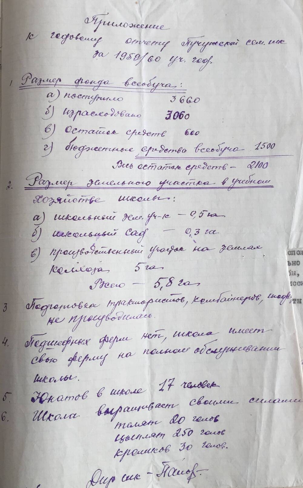 Приложение к годовому отчету Пучужской семилетней школы за 1959\60 учебный год