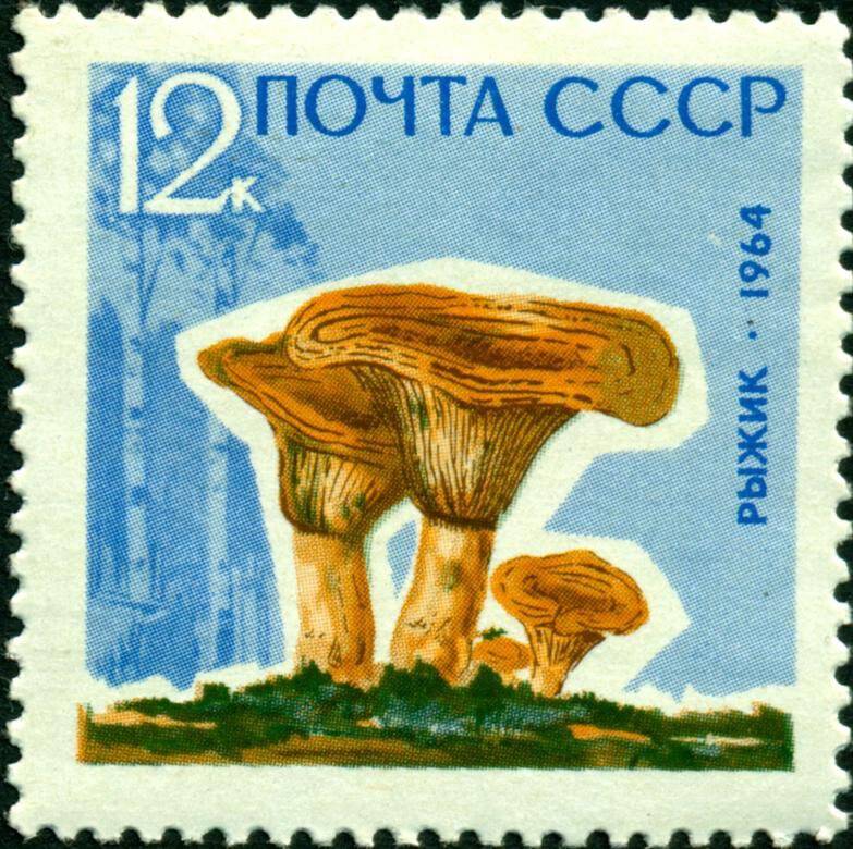 Марка почтовая. 1964 г. Достоинством 12 копеек. Серия Грибы - рыжик.