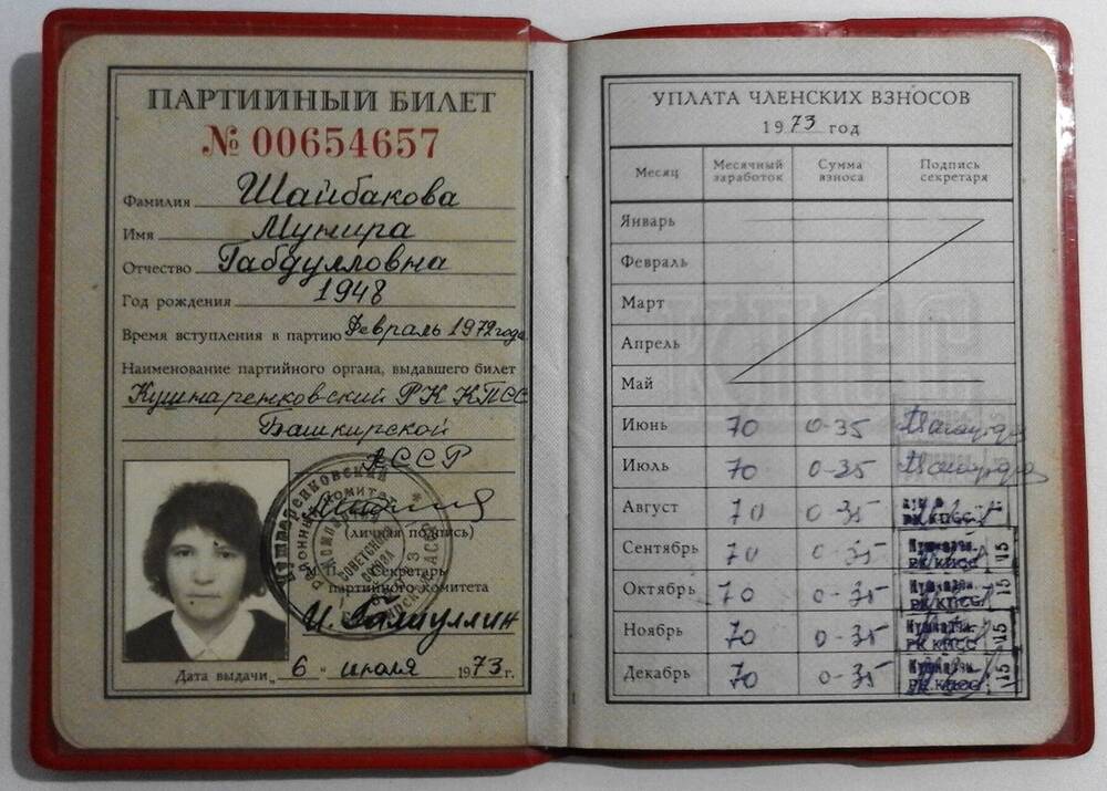 Партийный билет № 00654657 члена КПСС Шайбаковой М.Г.