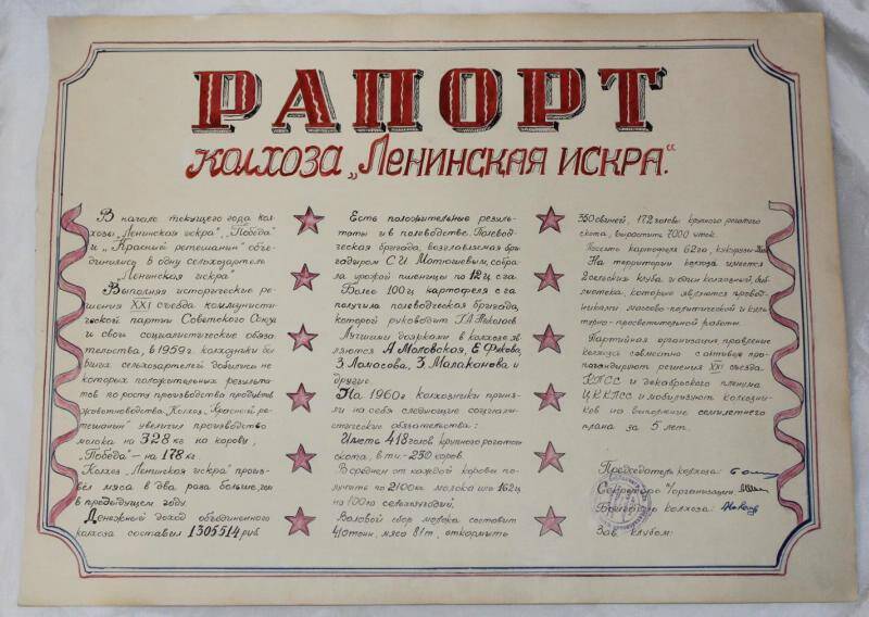 Рапорт. Рапорт колхоза Ленинская искра