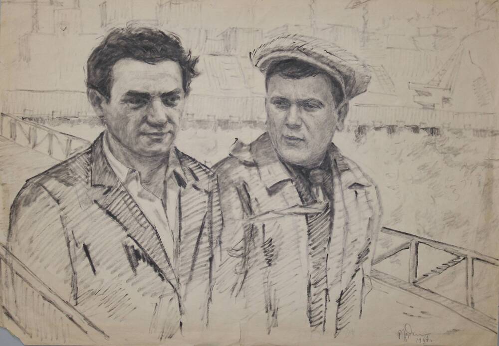 Графический лист. Р.И.Зубанов. Строители Красноярской ГЭС. 1960-е гг.