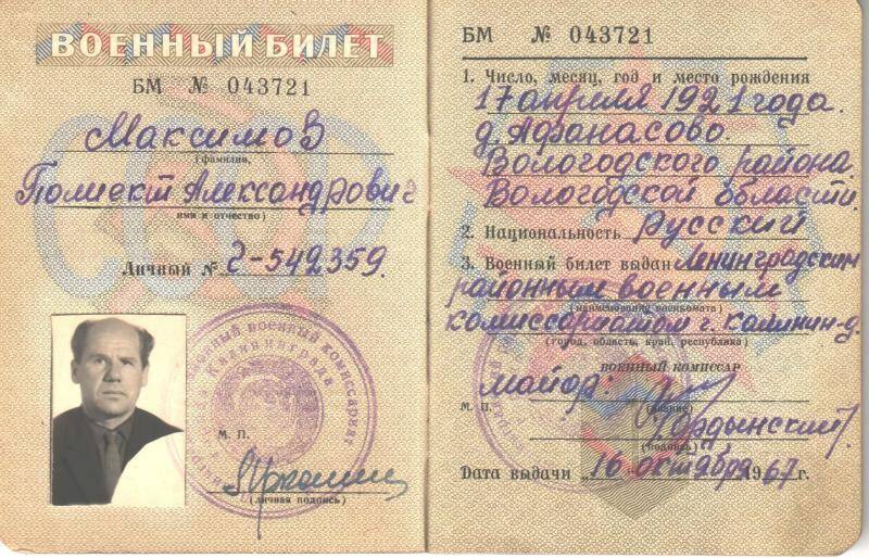 Билет военный № 043721 Максимова Полиэкта Александровича