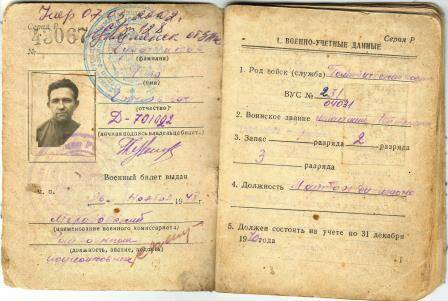 Билет военный офицера запаса вооруженных сил Союза ССР. Р № 43067, выдан 26 ноября 1948г. Чулочникову Петру Григорьевичу, 16 листов.