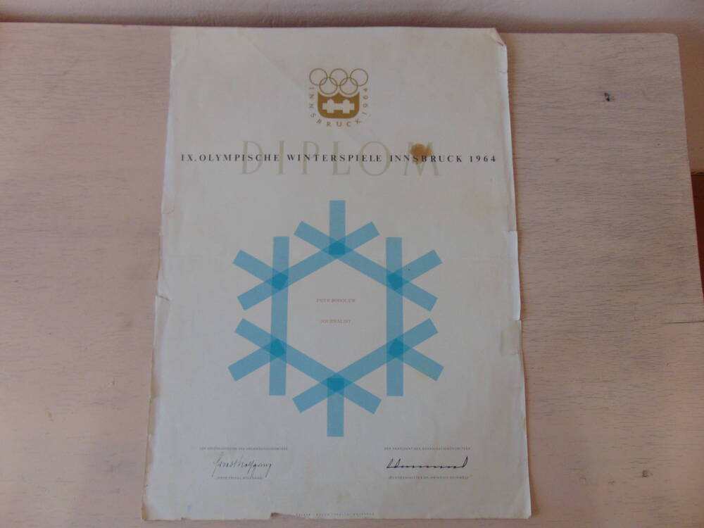 Диплом  Соболева П.А. на 9 Олимпиаде в Инсбруке 1964 года