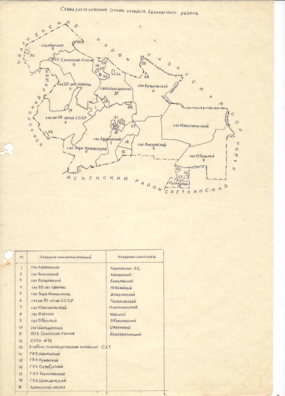 Схема расположения границ хозяйств Адамовского района, копия на кальке
