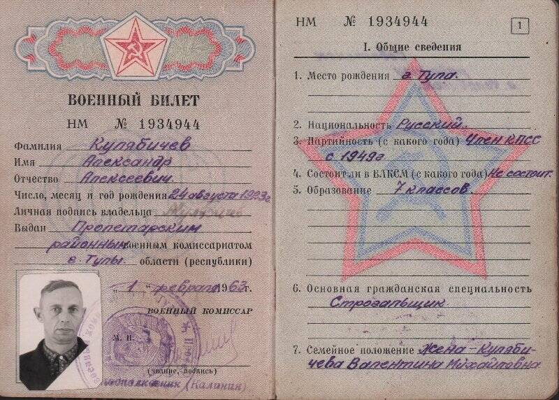 Билет военный Кулябичева А.А. Россия. г. Тула. 01.02.1963 г.