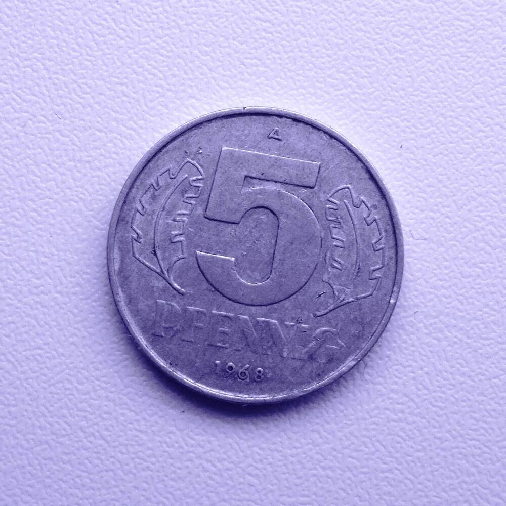 Монета ГДР 5 pfennig 1968