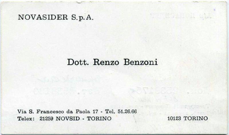 карточка визитная Ренцо Бенцони, представитель АО Новасидер (Италия) в Москве, 2000-2002 гг.