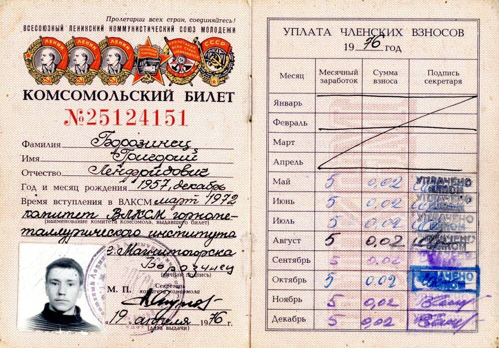 Билет комсомольский Билет комсомольский № 25124151 Борозинца Григория Ленфридовича, 1957 года рождения