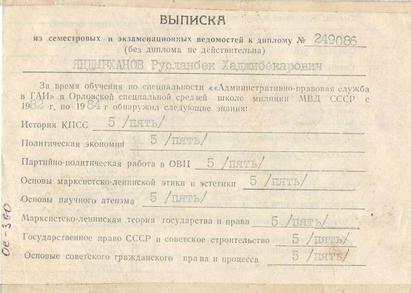 Выписка к диплому № 249086  на имя Яндырханова Р.Х.