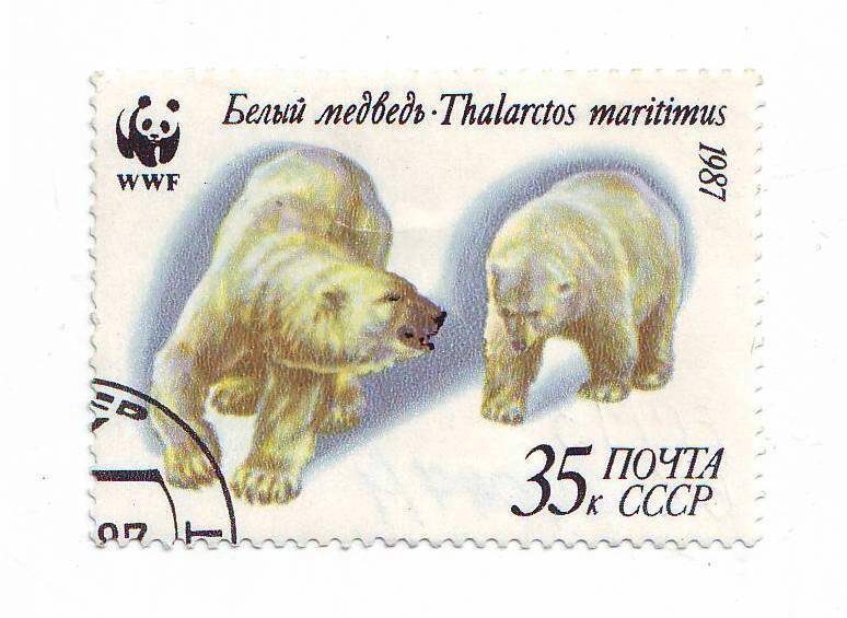 Марка почтовая СССР 35 копеек «Белый медведь» из серии Животные.