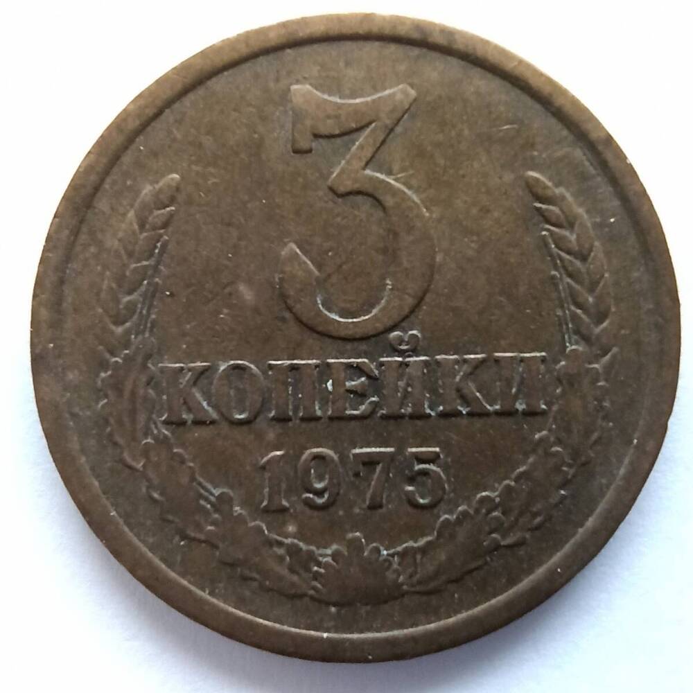 Монета номиналом 3 копейки 1975 года