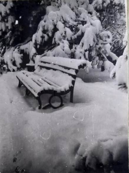 Фотография. Зима в городе Лабинске в 1991 году. Скамейка.