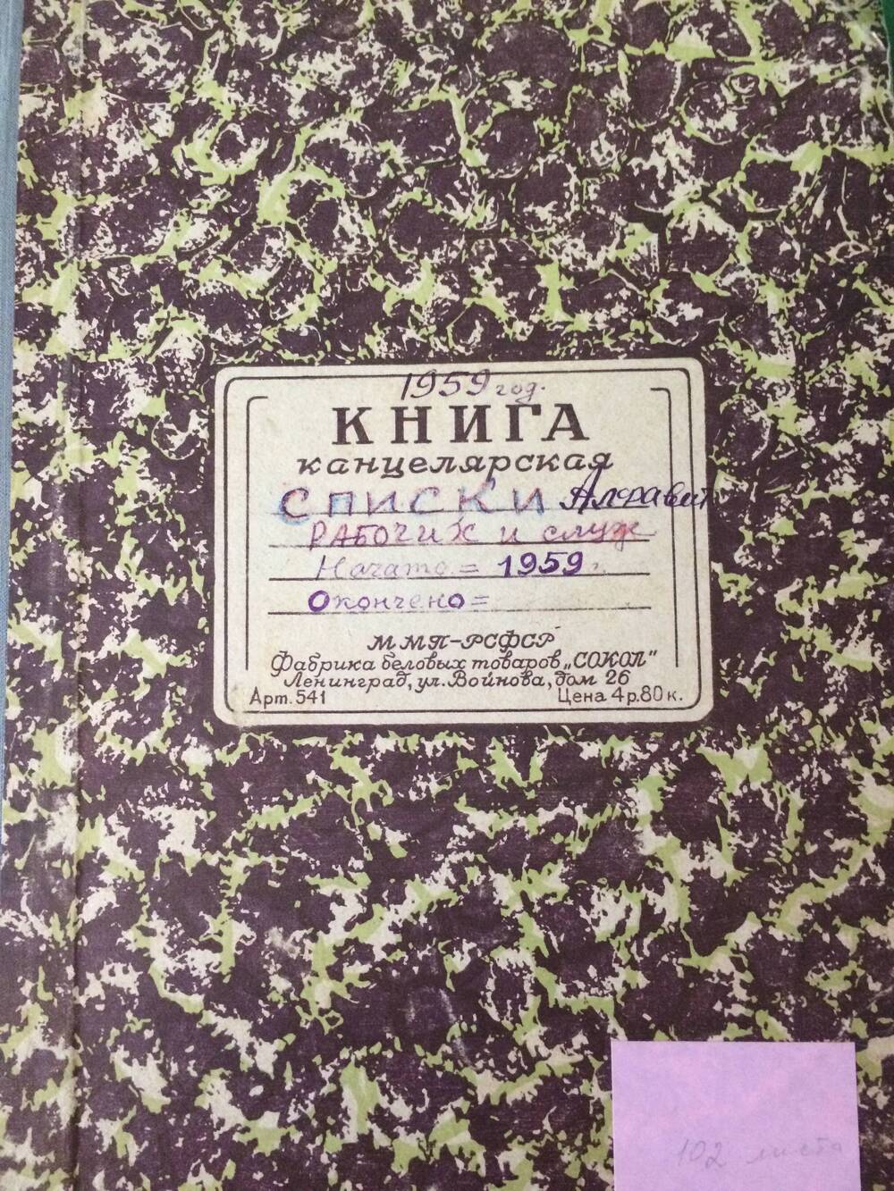 Книга Алфавитная .Рукописная. 1959-1968 годы