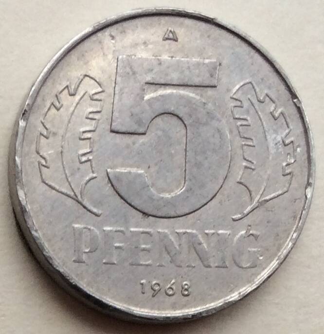 Монета 5 пфенингов, 1968 год, ГДР