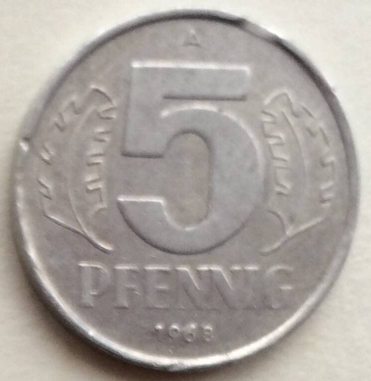Монета 5 пфенингов, 1968 год, Германская Демократическая Республика