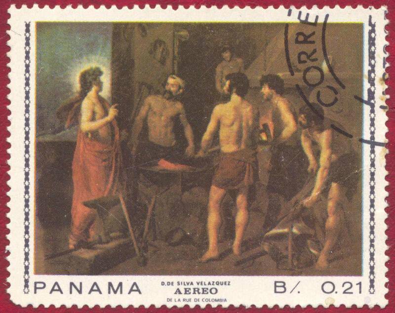 Марка почтовая гашеная. Картина Диего Родригеса Веласкеса Кузница Вулкана 1630г.