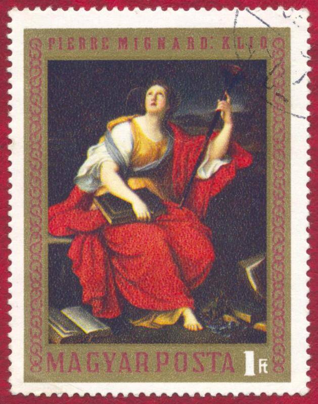 Марка почтовая гашеная. Картина Пьера Миньяра Клио 1689г.