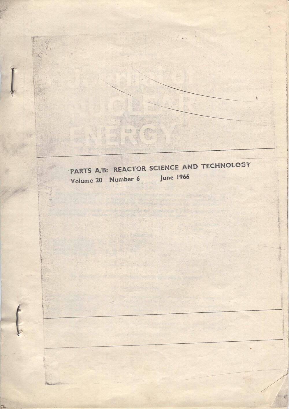 Статья научная на английском языке. JournaI of NUCLEAR ENERGY VoIume 20 Number 6 June 1966. (Копия). Автор Насыров Ф.Х.