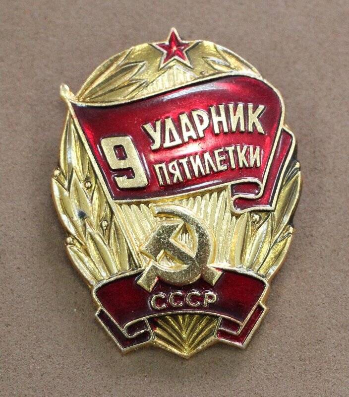 Знак нагрудный «Ударник девятой пятилетки». Награжден Дементьев Анатолий Алексеевич, бульдозерист ПМК-24.