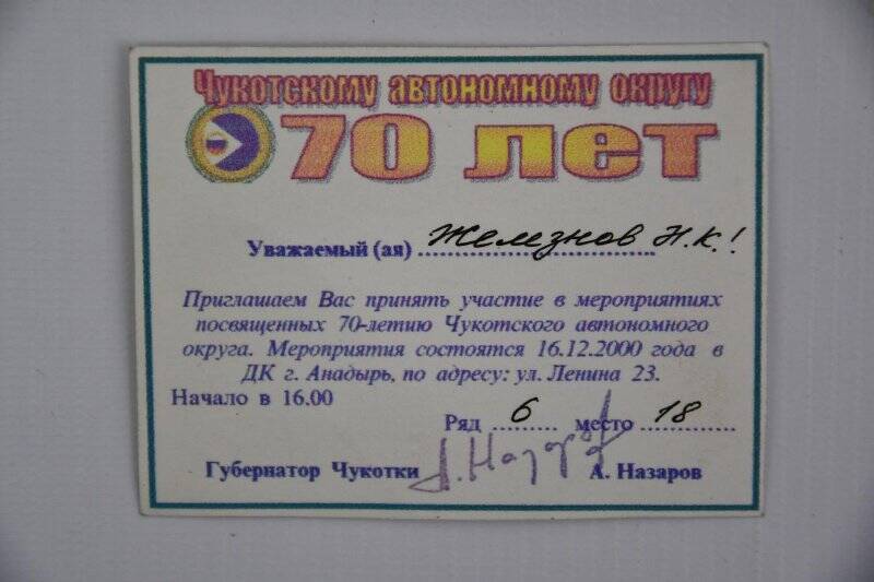 Приглашение Железнову Николаю Константиновичу на мероприятие, посвященное 70-летию Чукотского автономного округа