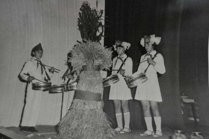 Фотоснимок. Сюжетный. Праздник урожая. Приветствие пионеров. Вынос знамени. 1970 г.