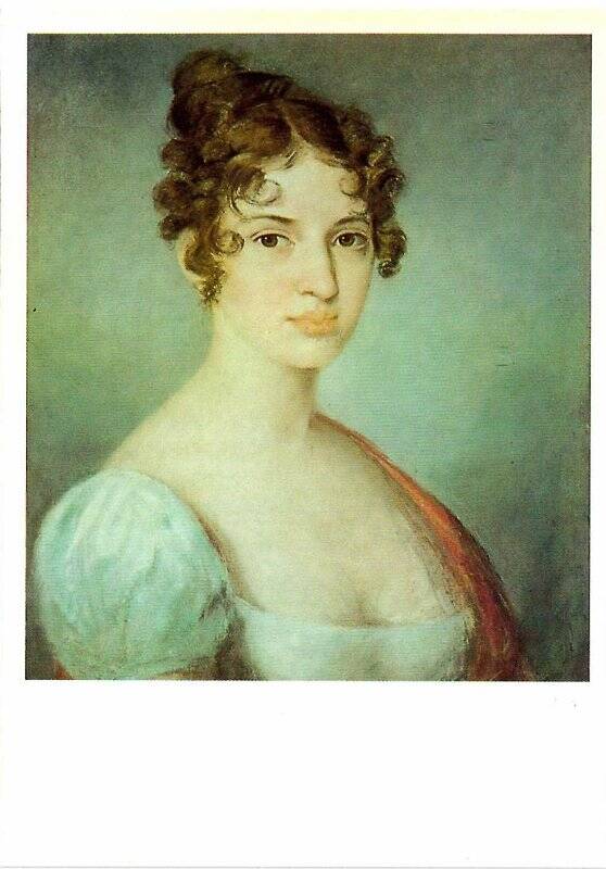 Открытка цветная, художественная. А.Г Венецианов (1780 - 1847). Портрет неизвестной в белом платье. Около 1810 г.