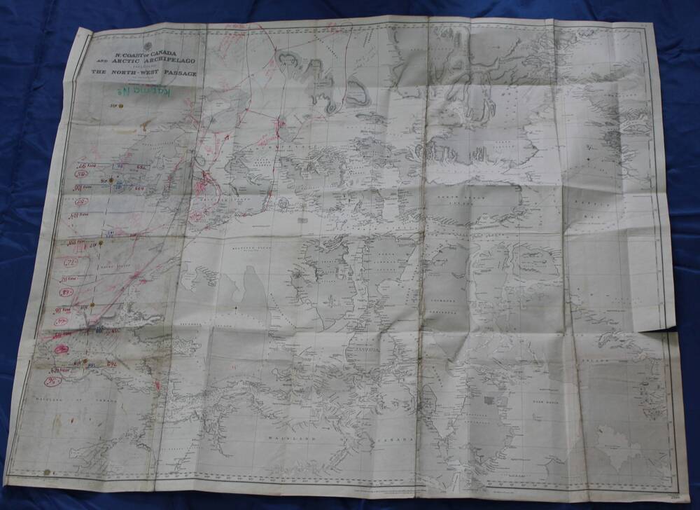 Бланковая карта №2118 на английском языке Северного архипелага Северной Америки с предвычислениями маршрута 2-го перелета, нанесенной цветной гуашью и разнообразными замечаниями об экспедиции Стефенсона и др.