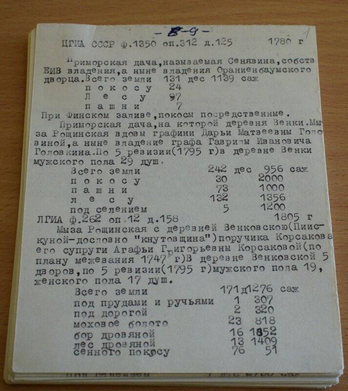 Карточки с выписками из архива ЦГИА СССР.