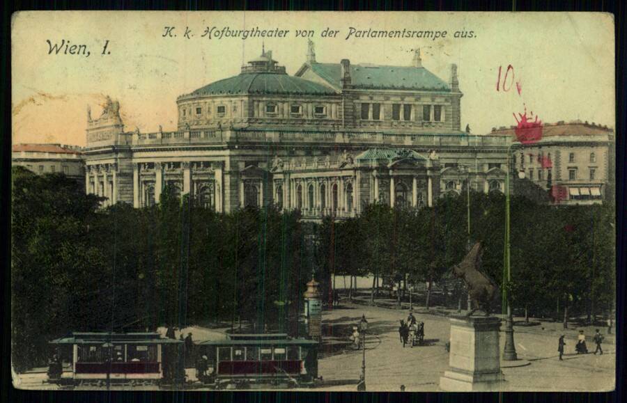 Wien, I. // K. k. Hofburgtheater von der Parlamentsrampe aus. (Вена. Королевский театр Хофбург).