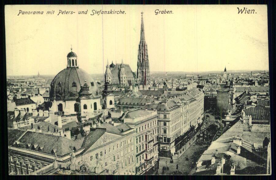 Wien. // Panorama mit Peters und Stefanskirche. // Graben. (Вена. Панорама с церквями Петра и Стефана. Грабен).