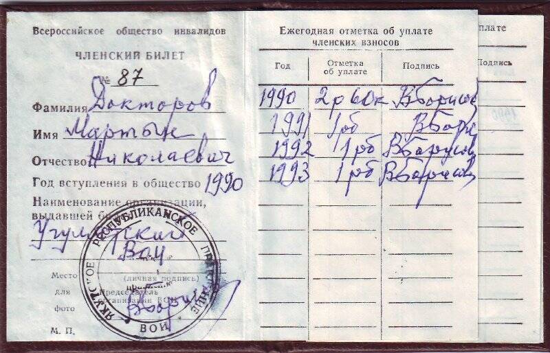 Членский билет №87 Всероссийское общество (глухих) инвалидов Докторова Мартына Николаевича, от 1990года.