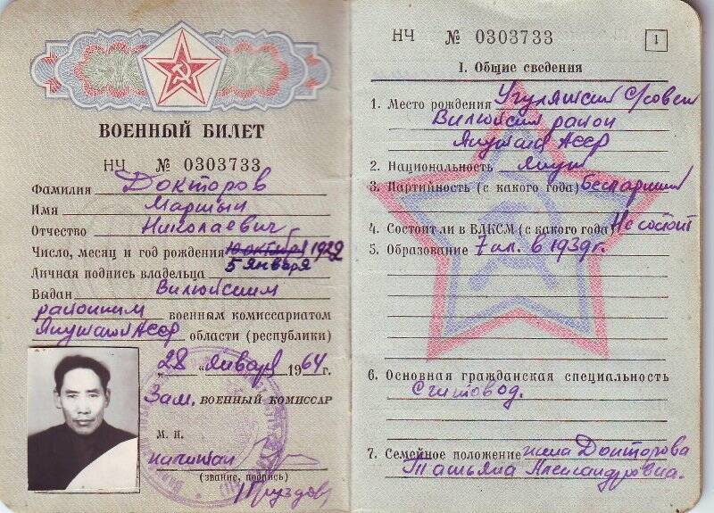 Военный билет НЧ №0303733 Докторова Мартына Николаевича, от 28 января 1964 года.