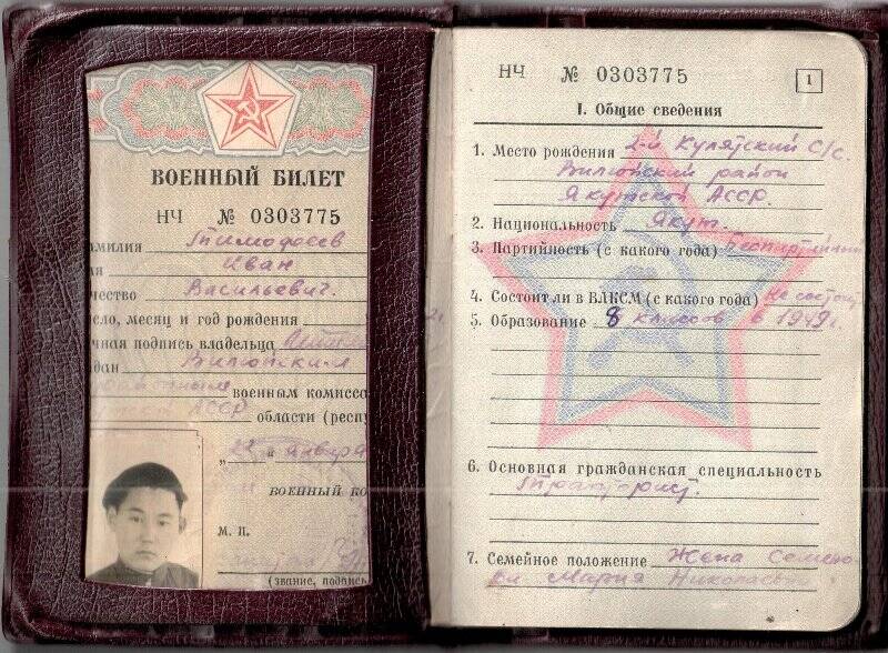 Военный билет НЧ №0303775 Тимофеева Ивана Васильевича, от 22 января 1964 года.
