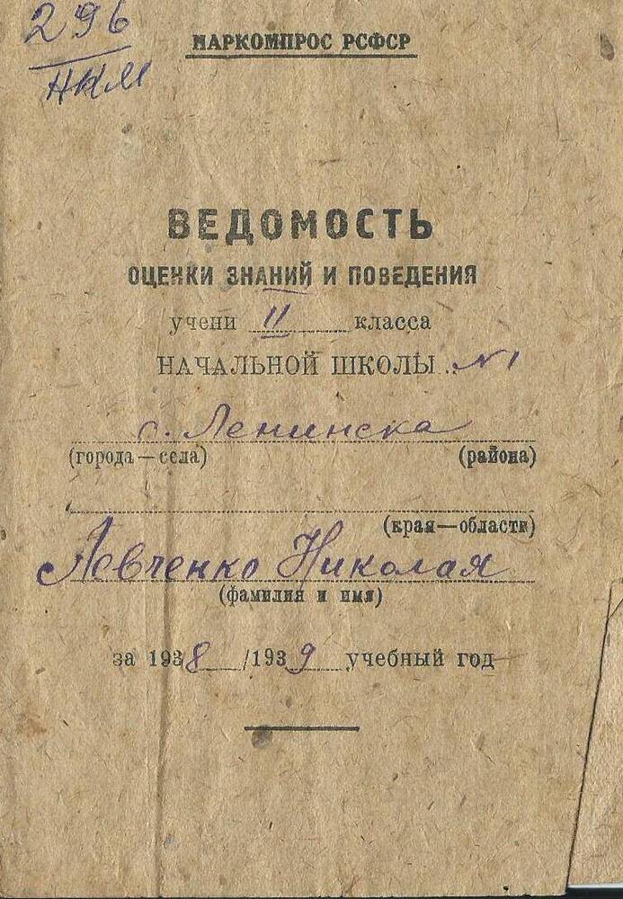 Ведомость оценки знаний и поведения Левченко Николая, 1938 – 1939 уч. год.