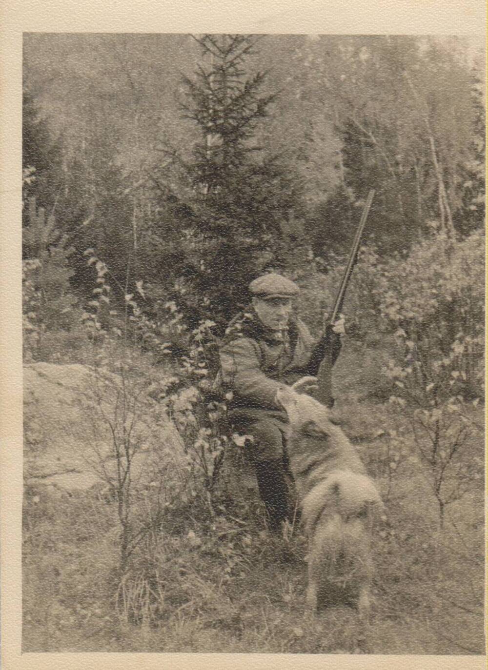 Фотография Лукина Н.И., сидящего на пне с ружьем, рядом собака