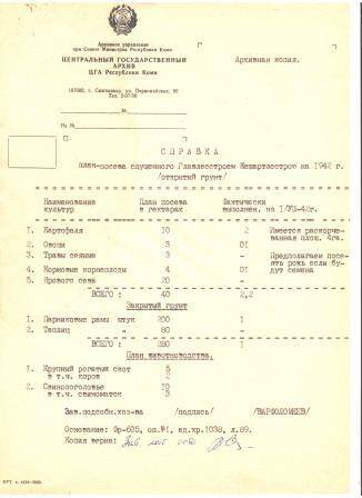 Справка план- посева Жешартстрою на 1942 год