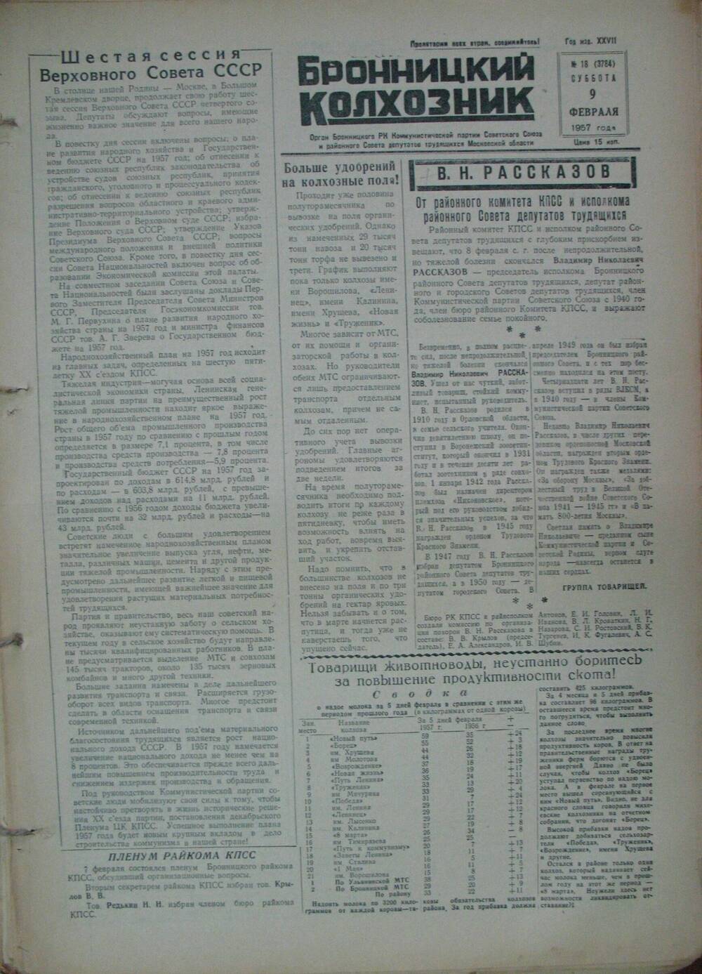 Бронницкий колхозник,  газета № 18 от 9 февраля 1957 г