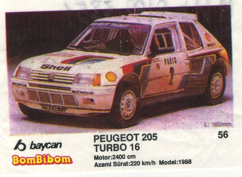 Вкладыш от жевательной резинки BomBibom 2 серия «PEUGEOT 205 TURBO 16»(56)