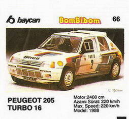 Вкладыш от жевательной резинки BomBibom 2 серия «PEUGEOT 205 TURBO 16»(66)