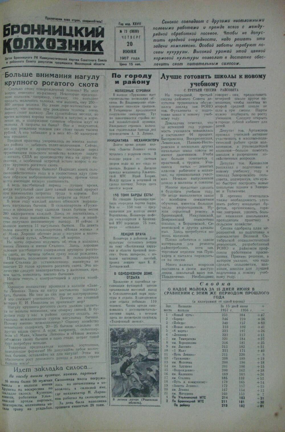 Бронницкий колхозник,  газета № 73 от 20 июня 1957 г