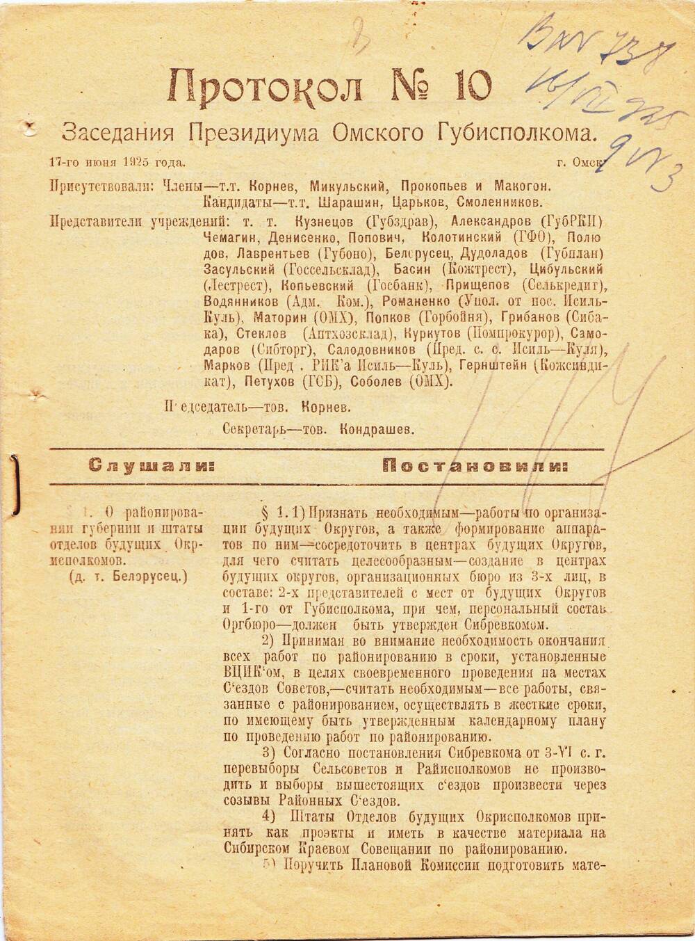 Протокол № 10 Заседания Президиума Омского Губисполкома