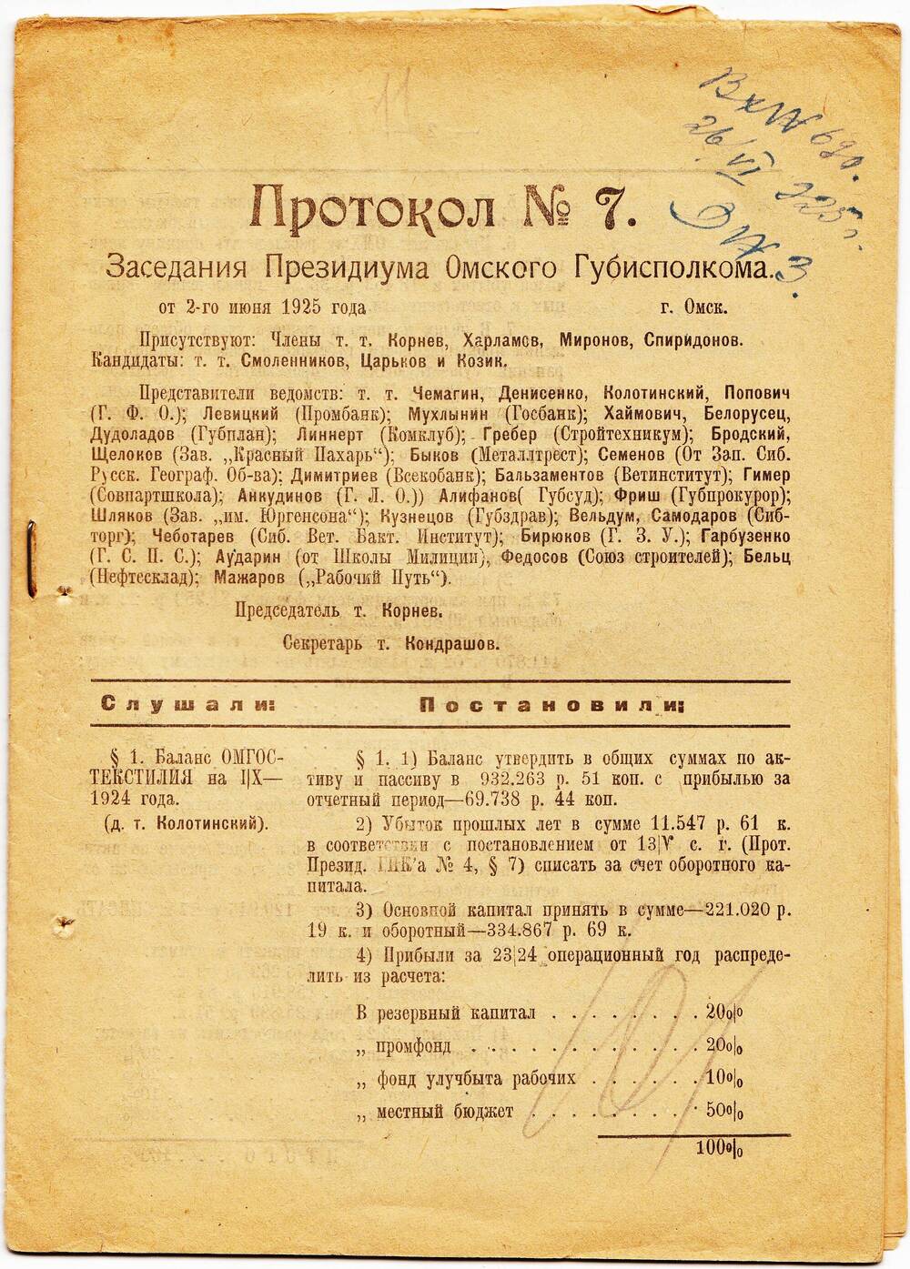 Протокол № 7 Заседания Президиума Омского Губисполкома