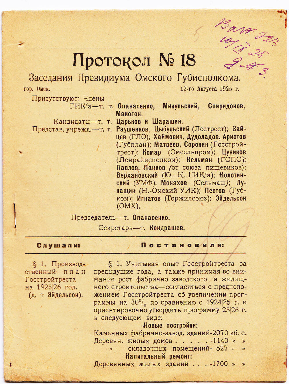 Протокол № 18 Заседания Президиума Омского Губисполкома