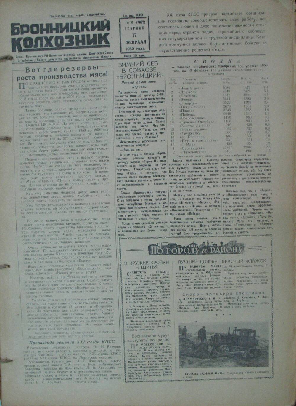 Бронницкий колхозник,  газета № 21 от 17 февраля 1959г