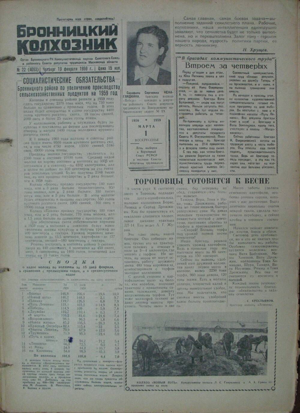 Бронницкий колхозник,  газета № 22 от 19 февраля 1959г