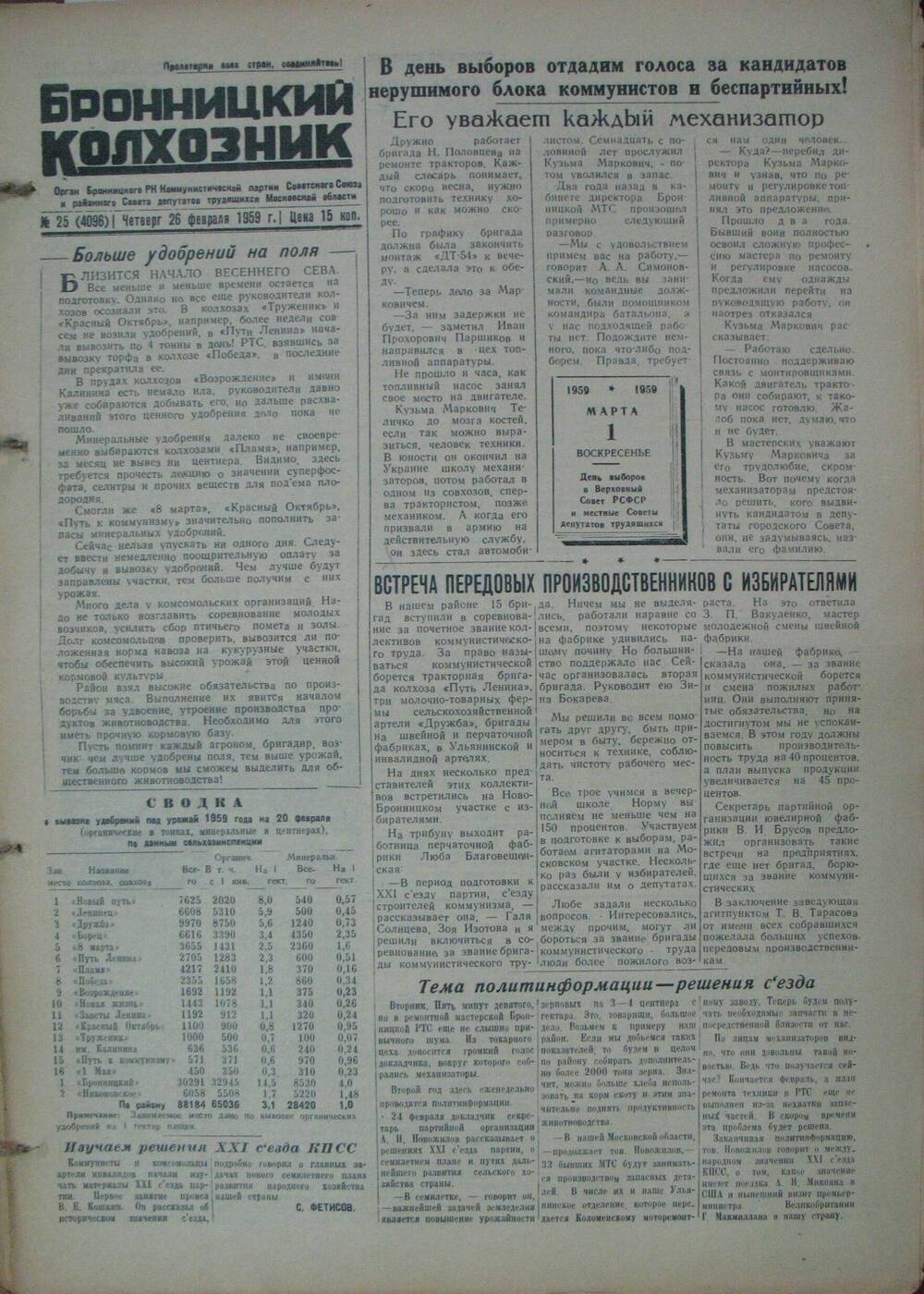 Бронницкий колхозник,  газета № 25 от 26 февраля 1959г