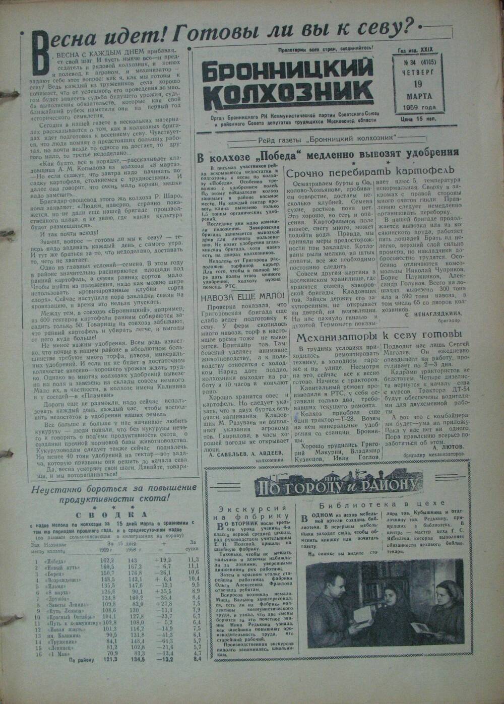 Бронницкий колхозник,  газета № 34 от 19 марта 1959г
