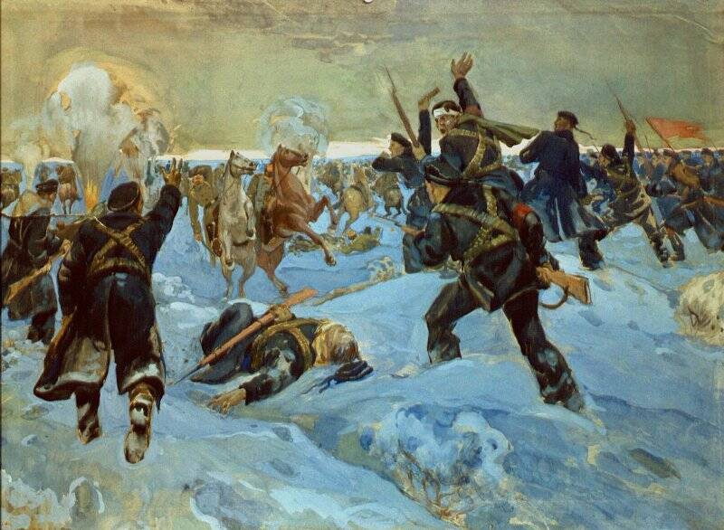 Бой под Оренбургом во время ликвидации мятежа Дутова (1918 г.). Рисунок